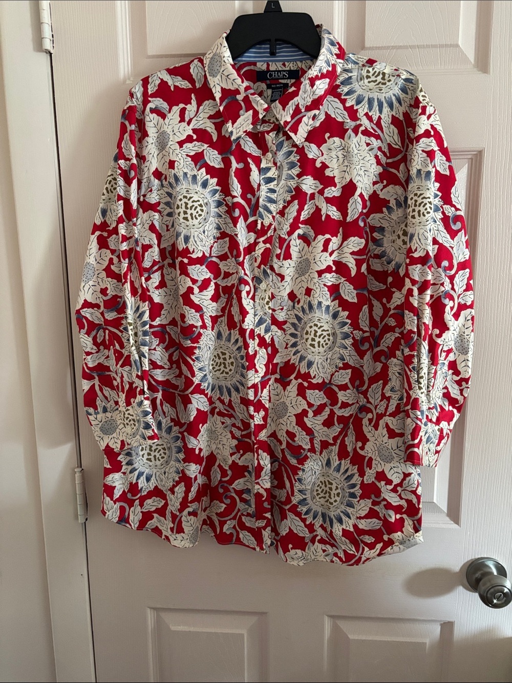 Chaps Red Floral Button-Down Shirt with White & Blue Accents